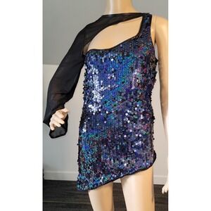 Sexy Women Navy  Sequin One‎ Sleeve  Mini Club Party Cocktail Dress Small LB3048